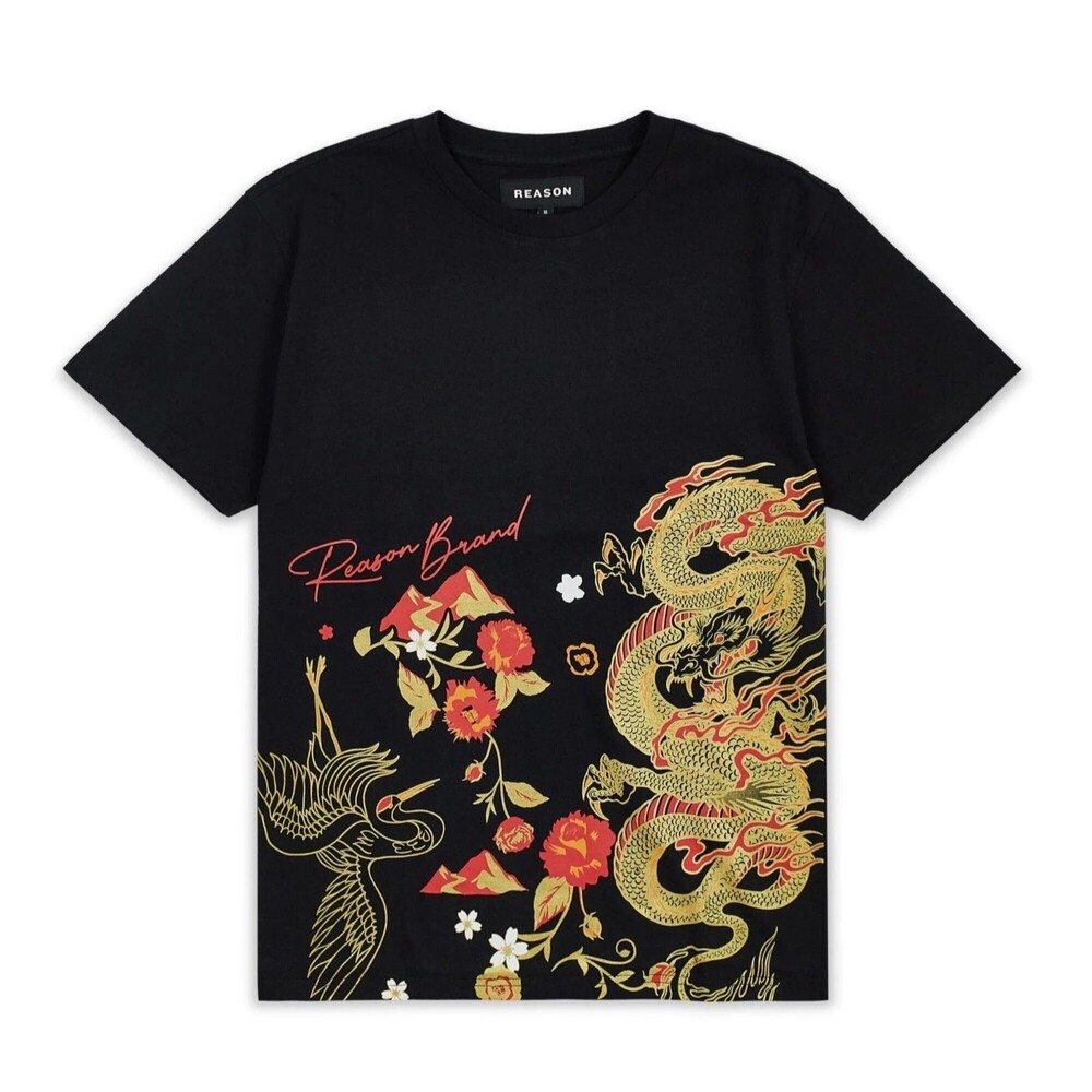 Reason Osaka Japanese Dragon T-Shirt Men’s Large Black Gold Red Tee Japan